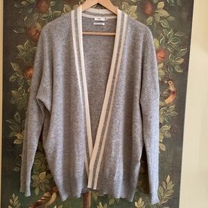 Vince 100% Cashmere Open Front Cardigan Light Heather Gray White Contrast Stripe